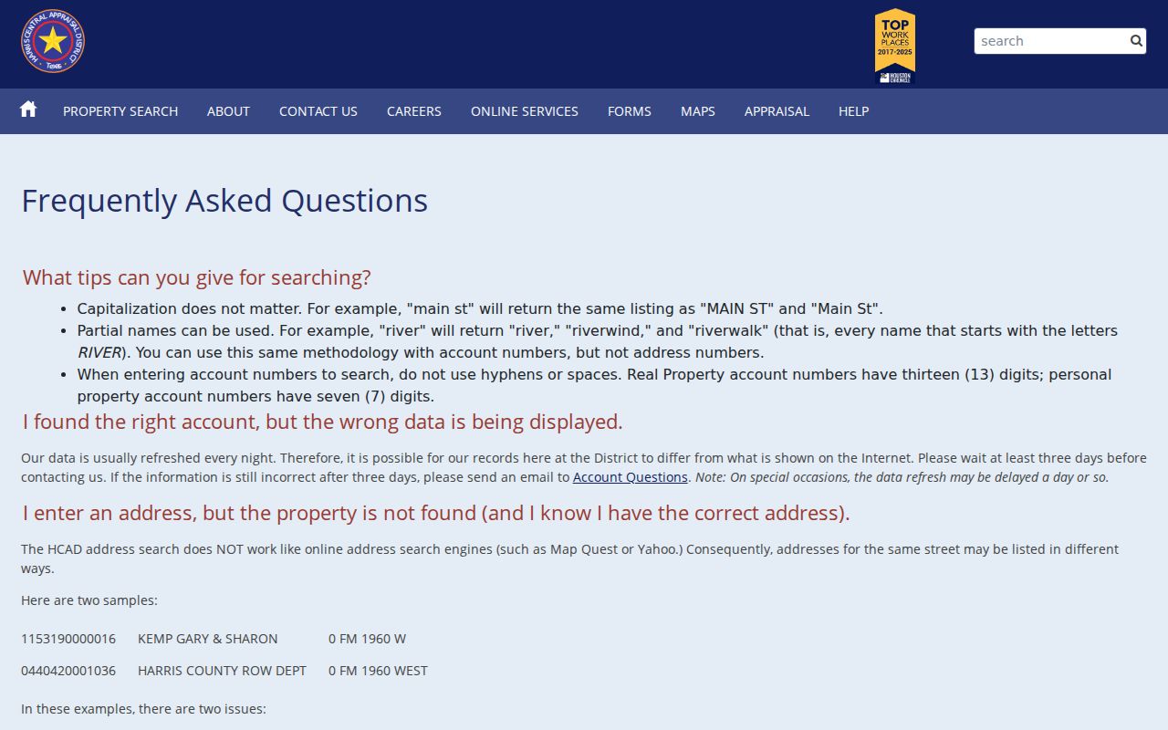 HCAD address and owner search help for a Spring street directory search